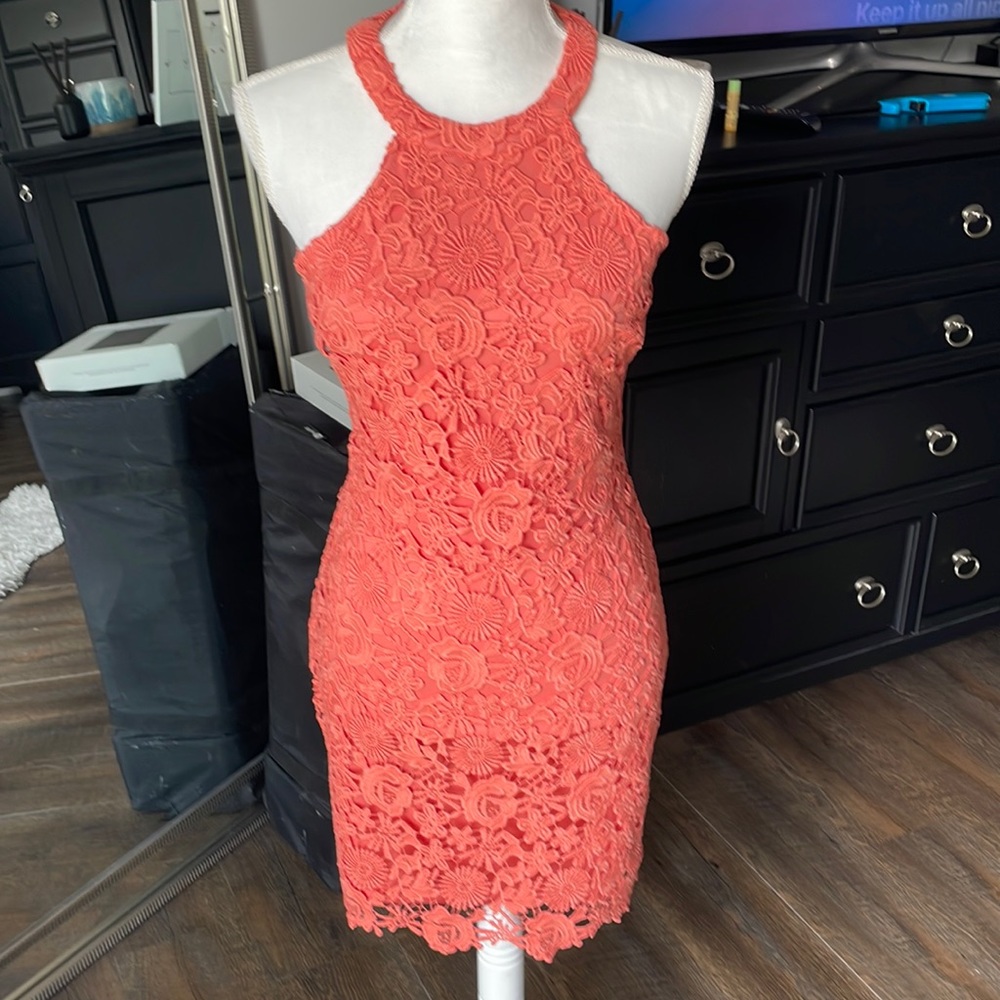 Lulus - Lace Coral Salmon Dress, size Small